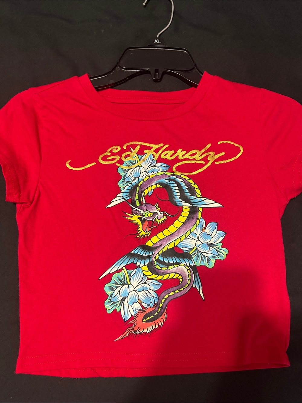 Ed Hardy Red Dragon Floral Tee with Gold Script